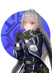 Rule 34 | 1girl, absurdres, bag, belt, blush, collared dress, dress, duel monster, gloves, grey hair, highres, long hair, long sleeves, looking at viewer, pinkyringring, red eyes, scarf, sky striker ace - roze, solo, twintails, yu-gi-oh!
