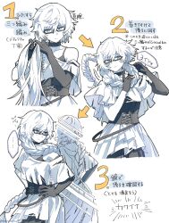 Rule 34 | ..., 1girl, abyssal ship, adjusting hair, arrow (symbol), black-framed eyewear, black choker, black gloves, blue eyes, braid, braiding hair, breasts, choker, closed mouth, colored skin, gloves, hair between eyes, hair scarf, hairdressing, hand on own hip, highres, kantai collection, long hair, multiple views, narukan, simple background, single braid, spoken ellipsis, supply depot princess, supply depot princess kai, translation request, very long hair, white background, white hair, white skin