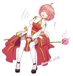 1girl ahoge arch_bishop_(ragnarok_online) breasts checkerboard_cookie cleavage_cutout closed_eyes clothing_cutout commentary_request cookie cross dress food frilled_thighhighs frills full_body juliet_sleeves long_sleeves medium_breasts open_mouth pink_hair poring puffy_sleeves ragnarok_online ribbon-trimmed_thighhighs ribbon_trim sasamuke_pika sash short_hair simple_background sitting slime_(creature) solo thighhighs translation_request two-tone_dress white_background white_dress white_thighhighs yellow_sash