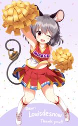 Rule 34 | 1girl, ;d, absurdres, alternate costume, animal ears, arm up, bare shoulders, basket, black tail, blue skirt, blush, cheerleader, clothes writing, collarbone, commentary, commission, confetti, english commentary, full body, grey hair, highres, holding, holding pom poms, holding with tail, kneehighs, looking at viewer, midriff peek, miniskirt, mixed-language commentary, mouse ears, mouse girl, mouse tail, multicolored skirt, navel, nazrin, one eye closed, open mouth, orange eyes, outstretched arm, pleated skirt, pom pom (cheerleading), pom poms, prehensile tail, red shirt, red skirt, ruu (tksymkw), second-party source, shirt, shoes, short hair, skeb commission, skirt, sleeveless, sleeveless shirt, smile, sneakers, socks, solo, standing, sweat, tail, thank you, touhou, v-neck, white shirt, white shoes, white skirt, white socks, yellow shirt, yellow skirt