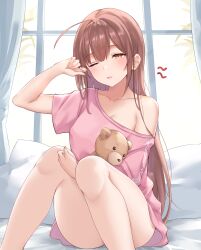 1girl ahoge bare_legs blush breasts brown_eyes brown_hair collarbone commentary_request curtains hair_between_eyes highres long_hair looking_at_viewer morning one_eye_closed open_mouth original pajamas pink_shirt school_uniform shirt short_sleeves sidelocks sitting small_breasts stuffed_animal stuffed_toy teddy_bear thighs very_long_hair wasami_(a27678193a) window