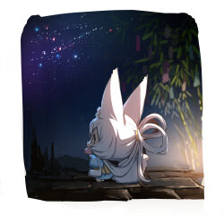 1girl absurdly_long_hair absurdres animal_ear_fluff animal_ears barefoot blue_kimono chibi commentary_request fox_ears fox_girl fox_tail highres japanese_clothes kimono long_hair long_sleeves night night_sky obi original outdoors profile sash sky solo standing star_(sky) starry_sky tail tanabata tanzaku very_long_hair white_hair wide_sleeves yuuji_(yukimimi)