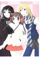 3girls absurdres black_dress black_hair blonde_hair bolo_tie bow brown_eyes brown_hair camisole denim dress earrings female_focus fringe_trim fruits_basket goth_fashion hair_bow hair_ribbon hanajima_saki hand_on_own_hip highres honda_tooru jeans jewelry lace long_hair matching_hair/eyes multiple_girls nail_polish official_art pants ribbon scarf skirt striped_clothes striped_scarf uotani_arisa
