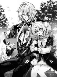 1boy 1girl anaxa_(honkai:_star_rail) arm_hug ascot beret black_corset black_pants book chain closed_mouth corset cowboy_shot dress eyepatch gloves gradient_background greyscale half-closed_eyes hat highres holding holding_book honkai:_star_rail honkai_(series) hyacine_(honkai:_star_rail) lapels long_sleeves looking_down medium_hair monochrome notched_lapels open_book open_mouth pants partially_fingerless_gloves puffy_long_sleeves puffy_sleeves reading side_ponytail sitting smile twintails veryslow_zzzpin white_ascot