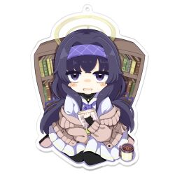 Rule 34 | 1girl, black hair, black pantyhose, blue archive, blush stickers, book, bookshelf, brown cardigan, cardigan, cardigan partially removed, chibi, chibi only, clenched hand, coffee, coffee mug, commentary request, crossed bangs, cup, eryuus3, eyes visible through hair, frown, full body, hair between eyes, hair intakes, hair ribbon, halo, hand up, highres, holding, holding book, iced coffee, jewelry, long hair, looking at viewer, low twintails, mug, neckerchief, open cardigan, open clothes, open mouth, pantyhose, pendant, pleated skirt, purple eyes, purple neckerchief, purple ribbon, ribbon, sailor collar, school uniform, serafuku, shirt, sidelocks, simple background, sitting, skirt, solo, sweatdrop, twintails, ui (blue archive), upturned eyes, very long hair, wariza, white background, white sailor collar, white shirt, white skirt, yellow halo