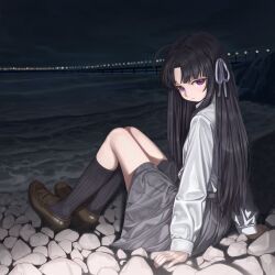 1girl ahoge awa_subaru black_hair black_socks bridge brown_shoes closed_mouth commentary girls_band_cry grey_skirt hair_ribbon highres kneehighs loafers long_hair long_sleeves looking_at_viewer mole naruto_maki_(naruto05) night ocean outdoors parted_bangs pleated_skirt purple_eyes ribbon school shirt shoes sidelocks sitting skirt socks solo white_ribbon white_shirt
