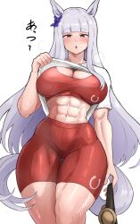1girl abs alternate_costume animal_ears breasts chestnut_mouth cleavage clothes_lift commentary_request cowboy_shot gold_ship_(umamusume) grey_hair highres holding horse_ears horse_girl horse_tail large_breasts lifting_own_clothes long_hair miya_nns35 navel purple_eyes red_shorts red_sports_bra shirt shirt_lift short_sleeves shorts simple_background solo sports_bra steaming_body sweat tail thighs umamusume very_long_hair white_background white_shirt