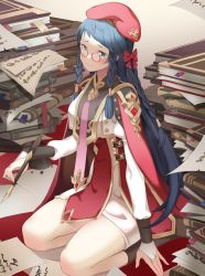 1girl bad_id bad_pixiv_id beret black_hair blue_eyes blush book book_stack bookmark braid bridal_gauntlets cape dress female_focus glasses gotmil hat holding holding_pen librarian long_hair on_ground original paper pen pince-nez red-framed_eyewear red_hat side_braid sitting solo tears tri_braids white_dress