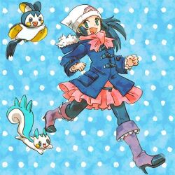 1girl alternate_costume beanie blue_background blue_hair blue_hood c_notaso dawn_(pokemon) emolga gen_4_pokemon gen_5_pokemon green_eyes hat high_heels lowres nintendo open_mouth pachirisu pink_skirt pokemon pokemon_(creature) pokemon_dppt skirt smile white_hat