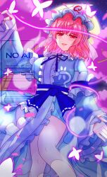 Rule 34 | absurdres, blue kimono, bug, butterfly, cherry blossoms, falling petals, frilled kimono, frills, full moon, ghost, hat, highres, hirwannew, hitodama, insect, japanese clothes, kimono, mob cap, moon, night, perfect cherry blossom, petals, pink eyes, pink hair, saigyouji yuyuko, sleeve garter, touhou, triangular headpiece