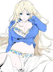 absurdres bra breasts cleavage clothes_lift elf highres large_breasts lt_unicorn mabinogi panties pointy_ears portia_(mabinogi) simple_background sitting sweat sweatdrop underwear