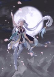 1girl arm_up black_collar black_dress breasts coat collar commentary dress earrings full_body full_moon hashtag-only_commentary highres jewelry jinhsi_(wuthering_waves) long_hair low_twintails medium_breasts minglu_(gululu) moon pink_petals solo thighs twintails very_long_hair white_coat white_eyes white_hair wuthering_waves