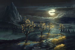 artist_name cloud cloudy_sky commentary english_commentary fence fog full_moon kvacm landscape moon mountain night night_sky no_humans original scenery sky star_(sky) tree watermark web_address