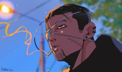 1boy alternate_costume artist_name beard_stubble black_hair blurry blurry_background cigarette close-up commentary contemporary ear_piercing eyepatch facial_hair facial_scar golden_kamuy h4tter hair_slicked_back highres lamppost looking_up medical_eyepatch ogata_hyakunosuke outdoors piercing scar scar_on_cheek scar_on_face short_hair signature sky smoke smoke_trail smoking stubble tree undercut very_short_hair