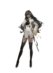 1girl black_beacon black_boots black_gloves black_hair blue_eyes bodysuit bodysuit_under_clothes boots bracelet breasts cleavage cleavage_cutout clenched_hand closed_mouth clothing_cutout collared_jacket dark-skinned_female dark_skin earrings eyebrows_hidden_by_hair facepaint fingernails frown full_body gloves gold_bracelet gold_earrings gold_hairband gold_lips gold_nails gold_trim hair_ornament hairband hand_on_own_hip hand_to_own_mouth hand_up head_tilt high_heels highres hime_cut holding holding_weapon hoop_earrings jacket jewelry large_breasts lipstick long_hair long_legs long_sleeves looking_at_viewer makeup nail_polish nanna_(black_beacon) official_art portrait ring single_glove smirk solo standing thigh_boots thigh_strap thighhighs thighs unzipped unzipped_bodysuit very_long_hair weapon white_background white_jacket wide_hips wide_sleeves