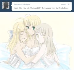 3girls ahoge arm_around_waist artoria_pendragon_(fate) babydoll bed bed_sheet bow breasts capcom cleavage closed_eyes english_text fate/stay_night fate/unlimited_codes fate_(series) green_eyes hair_bow happy harem hug multiple_girls saber_(fate) saber_alter saber_lily silver_hair smile tumblr tusia yellow_eyes yuri