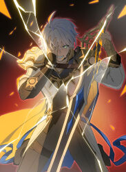 1boy angry antenna_hair armor black_choker black_pants black_shirt blue_cape blue_eyes cape chinese_commentary choker clenched_teeth coat commentary_request crack cracked_glass hand_on_own_face highres holding holding_sword holding_weapon honkai:_star_rail honkai_(series) male_focus pants parted_bangs pauldrons phainon_(honkai:_star_rail) shirt short_hair shoulder_armor single_pauldron solo sword tears teeth weapon white_coat white_hair yu1lan2