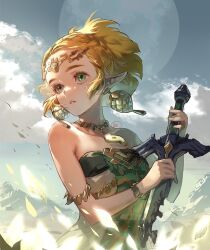 1girl armlet bare_shoulders blonde_hair bracelet braid broken broken_sword broken_weapon circlet cloud collarbone crown_braid dress earrings eyelashes facepaint falling_leaves full_moon green_dress green_eyes hands_up holding holding_sword holding_weapon jewelry leaf looking_to_the_side magatama magatama_necklace moon mountainous_horizon multicolored_dress necklace nintendo outdoors parted_lips pointy_ears princess_zelda short_hair signature sky solo strapless strapless_dress suzuki_rika sword the_legend_of_zelda the_legend_of_zelda:_tears_of_the_kingdom upper_body weapon white_dress wind
