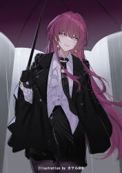1girl artist_name black_coat black_gloves black_necktie black_skirt brown_pantyhose coat earrings gloves grin hair_down half_gloves highres holding holding_umbrella honkai:_star_rail honkai_(series) jewelry kafka_(honkai:_star_rail) long_hair necktie pantyhose purple_eyes purple_hair rain shirt skirt smile solo srpzk teeth umbrella very_long_hair white_shirt