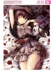 1girl absurdres arm_up barefoot black_ribbon brown_hair dress feet female_focus flower from_above green_eyes green_nails hair_ribbon highres jewelry kurumi_(suien) long_hair lying nail_polish necklace on_back one_eye_closed original red_flower ribbon scan shoes smile solo suien toenail_polish toenails toes unworn_shoes