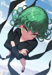 1girl artist_logo bare_legs black_dress black_shoes blue_sky closed_mouth cloud collarbone commentary crossed_arms curly_hair day dress english_commentary expressionless fingernails flipped_hair floating floating_clothes foreshortening from_above full_body green_eyes green_hair highres levitation logo long_sleeves looking_at_viewer looking_up one-punch_man outdoors shoes short_hair side_slit skaggshood sky solo standing tatsumaki