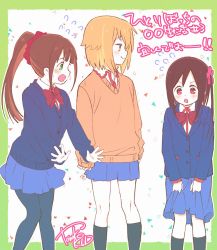 Rule 34 | 3girls, :o, artist name, black socks, blazer, blonde hair, blue cardigan, blue jacket, blue skirt, blush, border, bow, bowtie, brown hair, cardigan, closed mouth, collared shirt, commentary request, confetti, copyright name, flower, flying sweatdrops, green border, green eyes, hair flower, hair ornament, hair scrunchie, highres, hitori bocchi, hitoribocchi no marumaru seikatsu, honshou aru, jacket, kneehighs, long hair, long sleeves, looking at another, looking down, multiple girls, open mouth, orange cardigan, orange eyes, outside border, pantyhose, pink flower, pleated skirt, ponytail, red bow, red eyes, red scrunchie, school uniform, scrunchie, shirt, short hair, side ponytail, signature, simple background, sketch, skirt, skirt hold, smirk, socks, standing, sunao nako, tanaka kii, translation request, white background