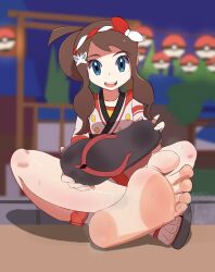 Rule 34 | 1girl, barefoot, blue eyes, breasts, brown hair, clenched hands, collarbone, eyelashes, facing viewer, feet, fingernails, foot focus, foot worship, full body, geta, hair ornament, happy, hatty penguin, highres, hilda (pokemon), hilda (summer 2022) (pokemon), holding, holding footwear, holding unworn clothes, indian style, japanese clothes, legs, long hair, looking at viewer, neck, night, nintendo, official alternate costume, official alternate hairstyle, open mouth, outdoors, pokemon, pokemon masters ex, presenting, sandals, shiny skin, short shorts, short sleeves, shorts, sidelocks, sitting, small breasts, smile, soles, summer festival, sweat, sweatdrop, swept bangs, thighs, toenails, toes, traditional clothes, unworn sandals, wavy hair