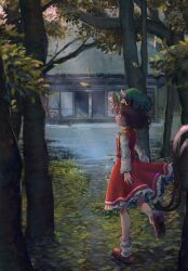 1girl absurdres animal_ear_fluff animal_ears bamboo23091 bench brown_eyes brown_hair building cat_ears cat_tail chen door dress earrings fingernails frills hat highres jewelry leaf long_fingernails looking_back mob_cap multiple_tails nekomata red_dress red_nails sharp_fingernails short_hair single_earring solo tail touhou tree two_tails wheel window