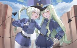 Rule 34 | 2girls, absurdres, armband, belt, black belt, black tail, blue archive, blue armband, cloud, commentary request, earrings, gloves, green hair, green halo, halo, highres, hikari (blue archive), jewelry, long hair, multiple girls, noa9noaa, nozomi (blue archive), pointy ears, siblings, sidelocks, sisters, sky, twins, v, wavy hair, white gloves, yellow eyes