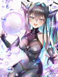 Rule 34 | 1girl, absurdres, black bodysuit, black hair, black nails, bodysuit, breasts, bubble, cleavage, colored inner hair, covered navel, goddess of victory: nikke, hair intakes, highres, little mermaid (nikke), long hair, multicolored hair, rokico, see-through bodysuit, see-through cleavage, see-through clothes, shiny eyes, solo, two-tone hair