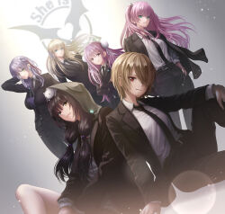 6+girls absurdres aikawa_megumi animal animal_on_head asakura_karen_(heaven_burns_red) belt black_belt black_hair black_necktie black_pants black_suit blonde_hair blue_eyes blunt_bangs breasts brown_hair bun_cover closed_mouth collared_shirt commentary crossed_arms double_bun dutch_angle earpiece formal_clothes glasses green_eyes hair_bun hair_ornament hair_over_one_eye hand_on_own_hip hand_up heaven_burns_red highres hood hood_up izumi_yuki_(heaven_burns_red) jacket jacket_on_shoulders kayamori_ruka kepekki_kanojo kunimi_tama large_breasts long_hair long_sleeves looking_at_viewer medium_breasts multiple_girls necktie on_head pants pink_eyes pink_hair purple_hair red_eyes round_eyewear shirt short_hair sitting standing suit team_31a_(heaven_burns_red) toujou_tsukasa twintails two_side_up v-shaped_eyebrows white_shirt