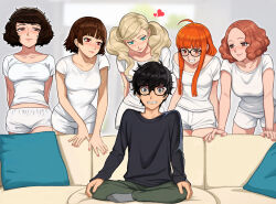 Rule 34 | 1boy, 5girls, absurdres, amamiya ren, bent over, black eyes, black hair, blonde hair, breasts, brown hair, clenched teeth, commentary, english commentary, forehead, glasses, grin, harem, heart, hetero, highres, indian style, kawakami sadayo, medium breasts, meme, multiple girls, nail polish, neggoartz, niijima makoto, okumura haru, orange hair, parted lips, persona, persona 5, pillow, pink lips, piper perri surrounded (meme), sakura futaba, shirt, short hair, short shorts, shorts, sitting, small breasts, smile, t-shirt, takamaki anne, teeth, twintails, white shirt, white shorts, you gonna get raped