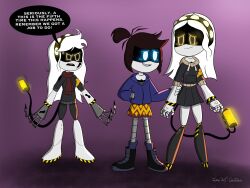3girls andrea_davenport artist_name commentary english_commentary english_text highres holding_another&#039;s_arm joseartcentenoofficial libby_stein-torres long_hair molly_mcgee multiple_girls murder_drones parody robot shadow short_hair speech_bubble style_parody the_ghost_and_molly_mcgee very_long_hair