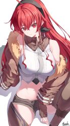 1girl abs absurdres ahoge arm_between_legs armpit_crease bare_shoulders black_hairband breasts brown_jacket closed_mouth crop_top eris_greyrat fur-trimmed_jacket fur_trim hair_between_eyes hairband highres jacket knee_up large_breasts light_smile long_hair long_sleeves looking_at_viewer midriff mushoku_tensei navel off-shoulder_jacket off_shoulder open_clothes open_jacket red_eyes red_hair saico_isshin shadow shirt short_shorts shorts sidelocks signature simple_background sitting sleeveless sleeveless_shirt solo very_long_hair white_background white_shirt