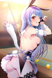 Rule 34 | 1girl, absurdres, animal ear hairband, animal ears, ass, backless dress, backless outfit, black dress, black panties, blue hair, blue skirt, blunt bangs, blurry, blurry background, breasts, detached sleeves, don-chan (usada pekora), dress, fake animal ears, fishnet thighhighs, fishnets, frilled dress, frills, from behind, grin, hair over shoulder, hairband, highres, hinoki kahun0, hololive, indoors, long hair, looking at viewer, looking back, median furrow, medium breasts, miniskirt, official alternate costume, official alternate hairstyle, orange eyes, panties, pantyshot, pleated skirt, pom pom (clothes), pool table, puffy detached sleeves, puffy short sleeves, puffy sleeves, rabbit-shaped pupils, rabbit ear hairband, rabbit ears, rabbit girl, rabbit tail, short dress, short eyebrows, short sleeves, sideboob, skirt, skirt under dress, sleeveless, sleeveless dress, smile, solo, symbol-shaped pupils, table, tail, thick eyebrows, thighhighs, underwear, usada pekora, usada pekora (furi furi bunny dress), virtual youtuber, white skirt, white sleeves, wrist cuffs