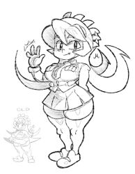 Rule 34 | 1girl, arm up, black hair, breasts, english text, female focus, filia (skullgirls), large breasts, long hair, machinster, monochrome, navel, necktie, open mouth, pointing, samson (skullgirls), school uniform, sharp teeth, shirt, shoes, sketch, skirt, skullgirls, smile, solo, solo focus, spiked hair, stomach, teeth, thick thighs, thighhighs, thighs, unusual pupils, waving, white shirt
