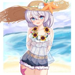 1girl :d beach belt blue_eyes blue_shorts cloud cloudy_sky denim denim_shorts flower hat highres honkai_(series) honkai_impact_3rd io9 long_hair looking_at_viewer open_mouth outdoors sand see-through_clothes see-through_shirt shirt shorts sky smile solo starfish straw_hat summer summer_uniform sunflower theresa_apocalypse theresa_apocalypse_(shallow_sunset) theresa_apocalypse_(valkyrie_pledge) water white_hair
