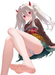 Rule 34 | 1girl, absurdres, barefoot, blush, brown shirt, character request, green skirt, hair between eyes, highres, horns, japanese clothes, long hair, looking at viewer, nbee ya, panties, pantyshot, pointy ears, red eyes, shirt, simple background, sitting, skirt, soles, solo, toes, twintails, underwear, white background, white hair, white panties, yellow skirt, yu-gi-oh!