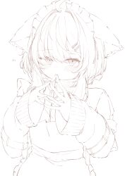 1girl absurdres ahoge animal_ear_fluff animal_ears apron blush cat_ears closed_mouth frilled_apron frills greyscale hair_between_eyes hair_intakes hair_ornament hairclip hands_up highres jacket long_sleeves looking_at_viewer mafuyu_(vrchat) maid maid_apron maid_headdress monochrome peko_nyan puffy_sleeves simple_background sleeves_past_wrists solo steepled_fingers upper_body vrchat white_background