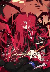 1girl black_jacket black_pants branch golden_apple_(project_moon) golden_bough_(limbus_company) grey_eyes head_tilt highres holding holding_branch jacket lemonail limbus_company long_hair long_sleeves maggot pants pink_hair project_moon sitting solo very_long_hair yuri_(project_moon)