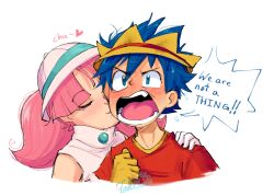 1boy 1girl artist_name asymmetrical_gloves blue_eyes blue_hair blush closed_eyes english_text fossil_fighters gloves hat heart hetero highres hunter_(fossil_fighters) kiss kissing_cheek medium_hair open_mouth pink_hair portrait red_shirt rosie_(fossil_fighters) shirt short_hair signature simple_background sleeveless sound_effects speech_bubble teeth tytofi watermark white_background white_gloves white_shirt yellow_gloves