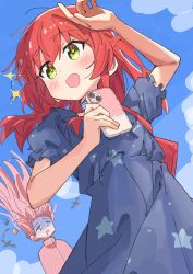 +_+ 2girls blue_dress blue_eyes bocchi_the_rock! dress gotoh_hitori green_eyes hair_ornament highres holding holding_phone kita_ikuyo long_hair multiple_girls phone pink_hair pink_tracksuit red_hair shinshin_(ssnsn_oekaki) track_suit