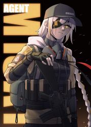 Rule 34 | 1girl, alternate costume, ammunition pouch, assault rifle, baseball cap, black gloves, braid, bulletproof vest, character charm, character name, charm (object), closed mouth, commentary request, embers, emile aoi, english text, eyepatch, fingerless gloves, gas mask, girls&#039; frontline, gloves, gun, hat, highres, hood, hooded jacket, jacket, long braid, long hair, looking at viewer, m16, m16a1, m16a1 (boss) (girls&#039; frontline), m16a1 (girls&#039; frontline), m4a1 (girls&#039; frontline), mask, mole, mole under eye, multicolored hair, pouch, rifle, scar, scar across eye, scar on face, simple background, solo, streaked hair, tom clancy&#039;s the division, two-tone hair, upper body, watch, weapon, weapon name, white hair, wristwatch, yellow eyes, yellow jacket