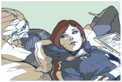 alien commander_shepard commander_shepard_(female) couple garrus_vakarian image_sample looking_at_another lying mass_effect_(series) on_back on_bed pixiv pixiv_sample sleeping sleeping_on_person turian wei