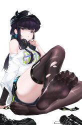 1girl absurdres azreall black_cape black_hair black_thighhighs breasts cape denim denim_shorts earrings empty_eyes headphones highres horns jewelry looking_at_viewer medium_breasts nail_polish no_shoes off_shoulder original shirt shorts sitting soles solo thighhighs torn_clothes torn_thighhighs white_shirt