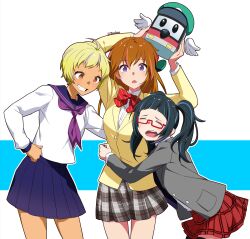3girls absurdres ahoge arm_around_waist black_hair blonde_hair blue_hair blue_sailor_collar blue_sky blunt_bangs bow bowtie breasts brown_eyes chikatetsu_ni_noru! closed_eyes collared_shirt cowboy_shot furrowed_brow glasses grey_jacket grey_skirt grin hair_between_eyes hair_ribbon half_updo highres igusaharu jacket kyoto_municipal_subway long_hair matsuga_saki medium_breasts mini_wings miyako-kun multicolored_hair multiple_girls neckerchief ono_misa open_mouth orange_hair parted_lips plaid_clothes plaid_skirt pleated_skirt purple_eyes purple_neckerchief red_bow red_bowtie red_skirt ribbon robot sailor_collar school_uniform shirt short_bangs short_hair skirt sky smile streaked_hair striped_bow striped_bowtie striped_clothes tan teeth twintails twitter_username uzumasa_moe white_background white_shirt wings