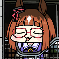 1girl :d animal_ears bow brown_hair chibi chibi_only closed_eyes commentary ear_ribbon glasses horse_ears horse_girl jazz_jack lowres medium_hair open_mouth photo-referenced purple_shirt red-framed_eyewear red_ribbon ribbon sailor_collar school_uniform serafuku shirt smile solo stable tracen_school_uniform transcend_(umamusume) umamusume upper_body white_sailor_collar