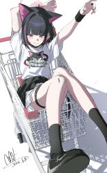 1girl absurdres animal_ears animal_print arm_behind_head black_hair black_jacket black_mask black_shoes black_socks blue_archive blunt_bangs blunt_ends blush bracelet cat_ears cat_girl cat_print clothes_around_waist colored_inner_animal_ears colored_inner_hair earclip extra_ears grin highres in_shopping_cart jacket jacket_around_waist jewelry kazusa_(band)_(blue_archive) kazusa_(blue_archive) looking_at_viewer multicolored_hair multiple_bracelets multiple_rings pink_eyes qtian ring shirt shoes shopping_cart short_hair short_sleeves sidelocks simple_background skirt smile socks solo t-shirt thigh_strap two-tone_hair white_shirt white_skirt wristband