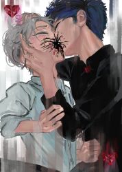 2boys absurdres alien_stage blue_hair choker erunaria7 green_tank_top grey_choker grey_hair highres ivan_(alien_stage) jacket_over_hoodie kiss layered_shirt male_focus multiple_boys red_pupils short_hair tank_top till_(alien_stage) very_short_hair white_choker yaoi