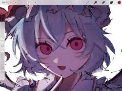 1girl crossed_bangs frilled_hat frills hair_between_eyes hand_up hat hat_ribbon highres index_finger_raised looking_at_viewer mob_cap open_mouth pink_hat red_eyes red_ribbon remilia_scarlet ribbon rin1719073 short_hair simple_background smile solo touhou watermark white_background